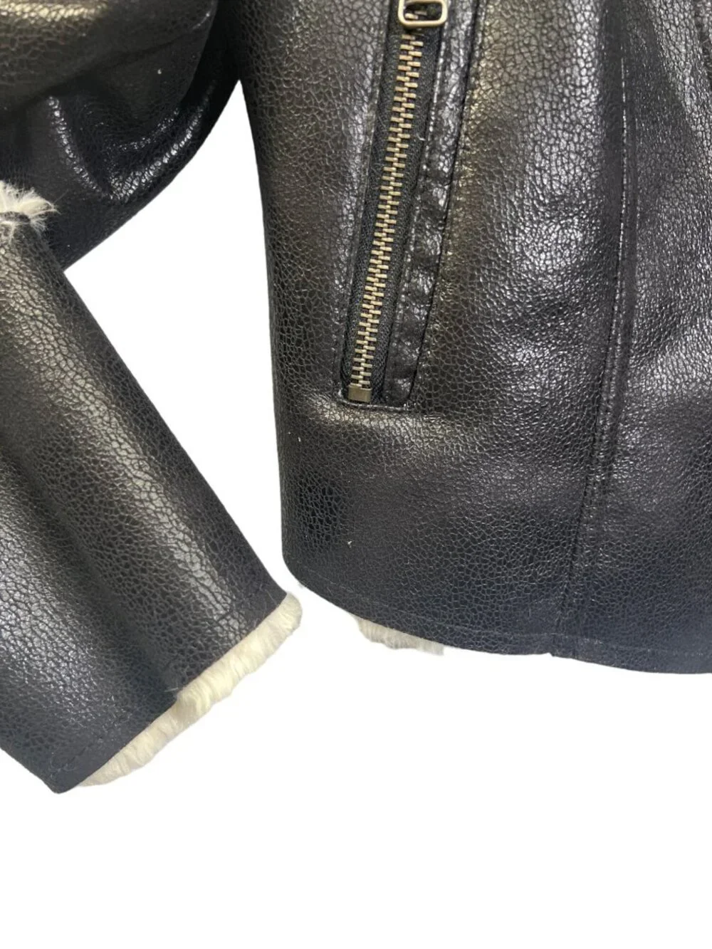 Boston Proper Black Faux Leather Off White Shearling Collar Moto Jacket